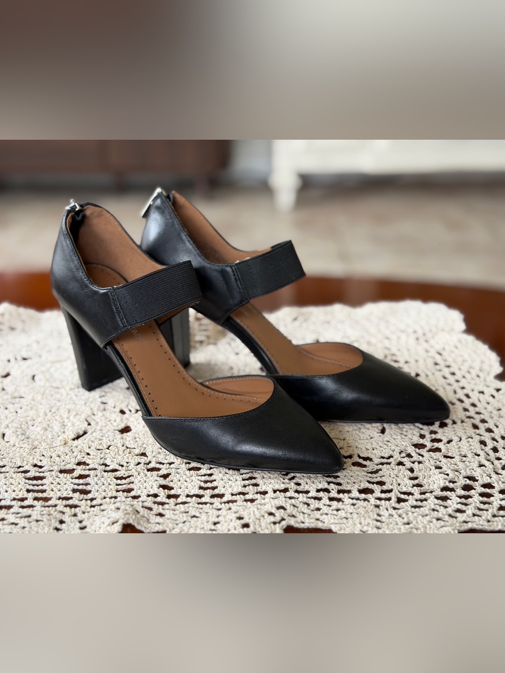 Adrienne Vittadini Black Pointed Mary Jane Block Heels with Elastic Strap